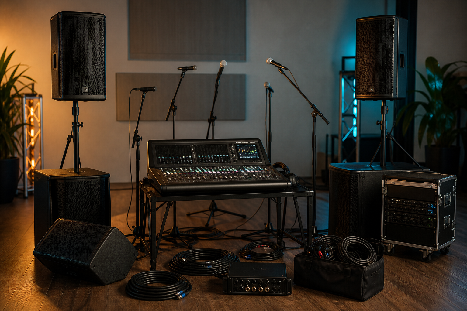 Audioequipment mit Lautsprechern, Mischpult, Mikrofonen und Kabeln
