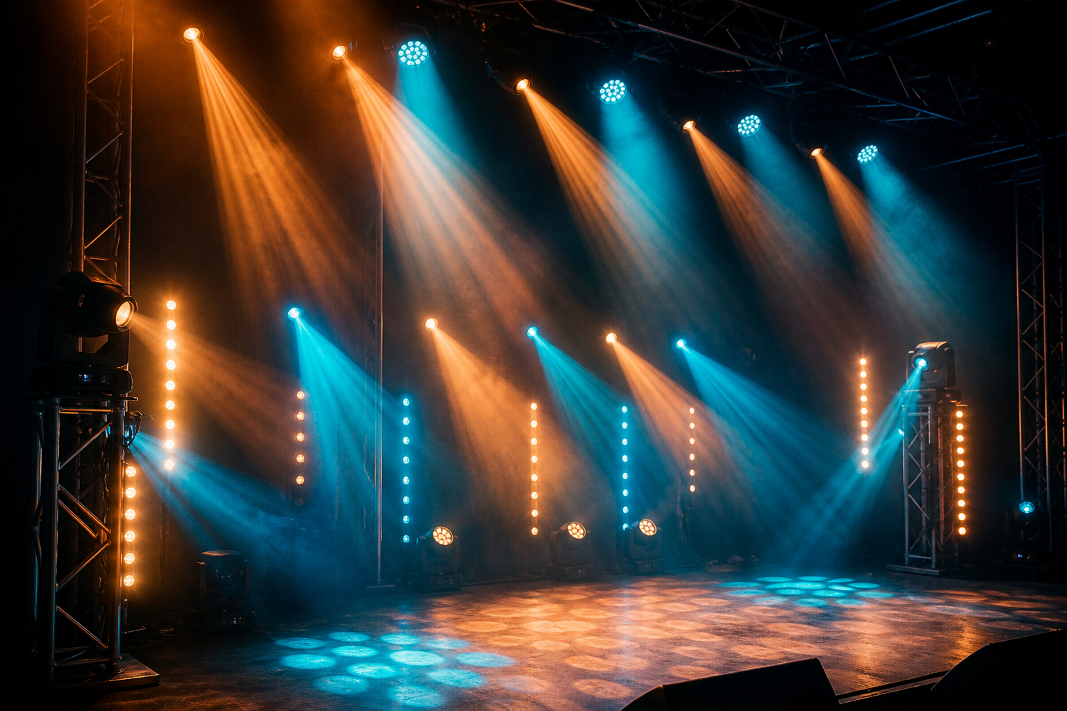 Bühnenlicht mit Scheinwerfern und Lichtstrahlen