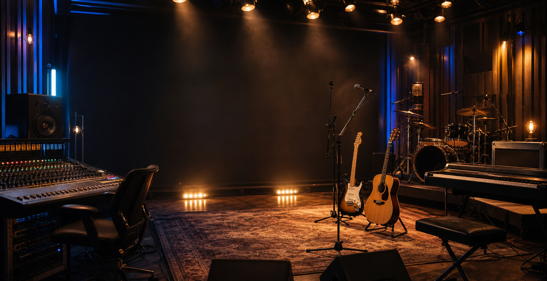 Bühne mit Mischpult, Lichttechnik, Gitarren und Klavier